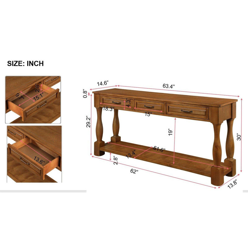 Longue console en bois avec tiroirs et tablette inférieure, Brun