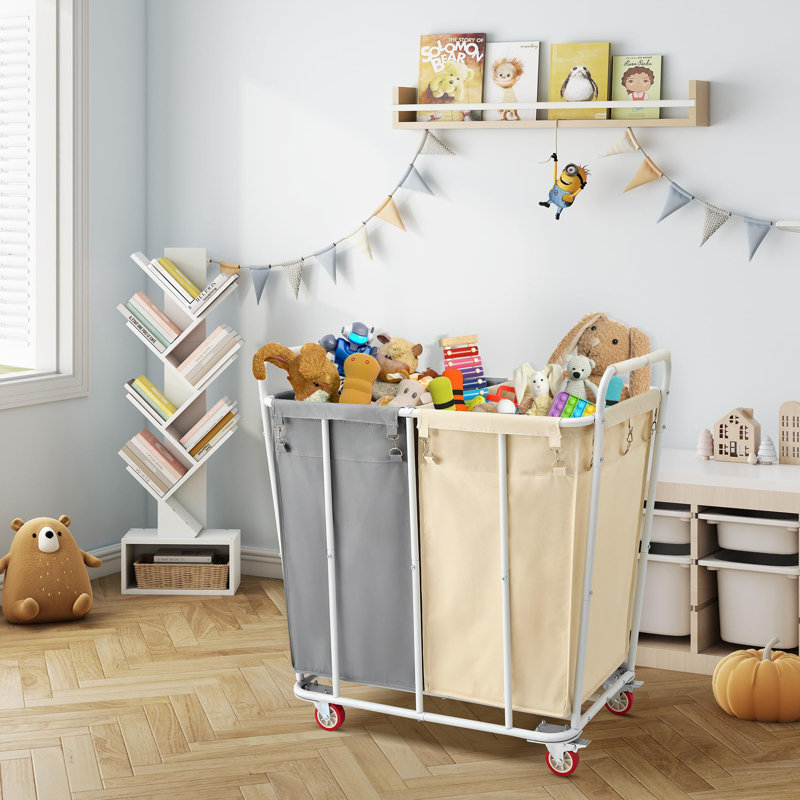 Large Rolling Laundry Hamper with Wheels, Gray/Beige