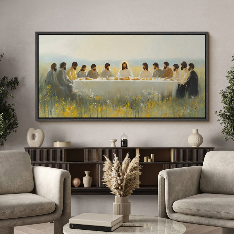 La dernière Cène dans un champ, toile encadrée - Art mural moderne avec Jésus et ses Disciples, Noir, H 30 po x l 60 po