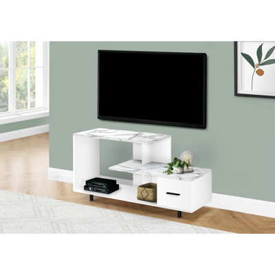 Meuble télé, console de 48 po, meuble multimédia, tiroir de rangement, salon, chambre à coucher, stratifié aspect marbre, contemporain, moderne