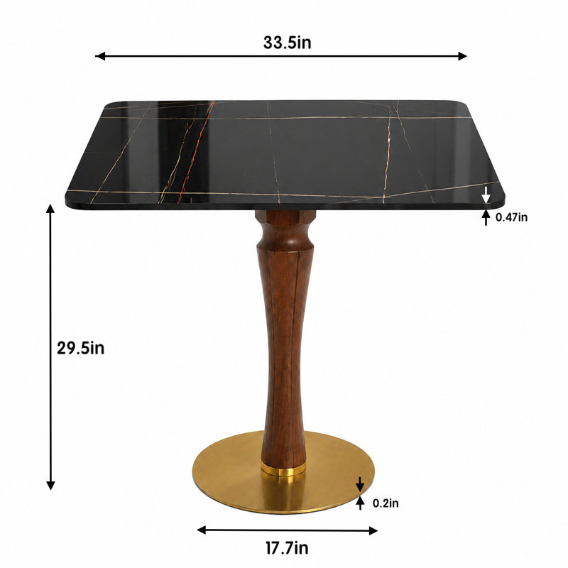 33.5" Round Sintered Stone Dining Table with Solid Rubberwood Pedestal Base and Brushed Gold Stainless Steel Bottom, Modern Dining Table for 2-4 People