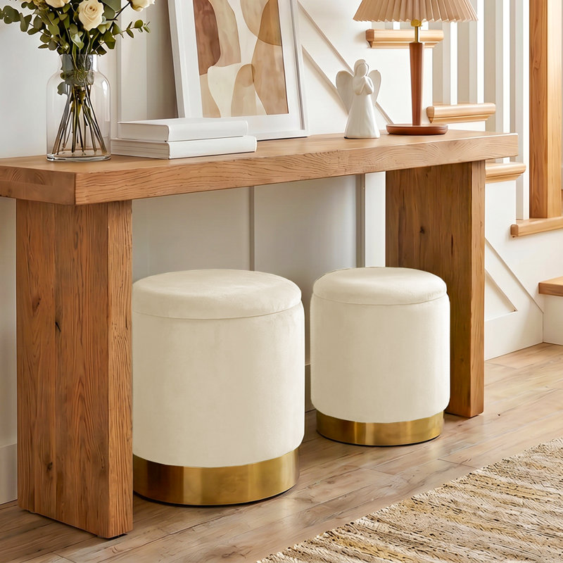 Round Ottoman With Storage and Gold Plating Base, White