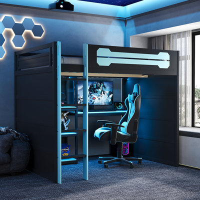 Lit mezzanine double en bois avec bureau, tablettes de rangement, prise USB et prise de courant, lumière DEL, moderne, noir et bleu