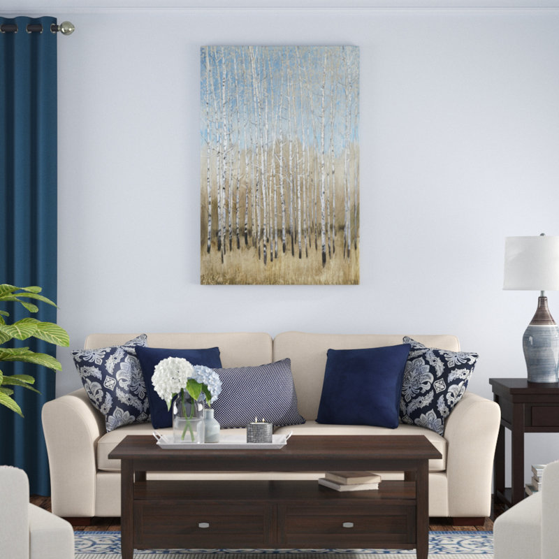«Dusty Blue Birches I», peinture sur toile, H 48 po x l 32 po
