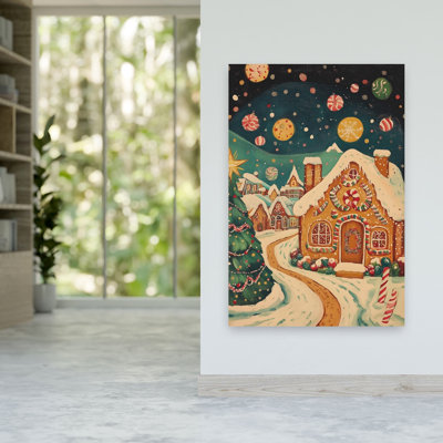 «Gingerbread Christmas Village» fantaisiste abstrait arbre de Noël contemporain, impression d'art mural