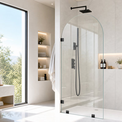 Écran de douche fixe l 36 po x H 80 po, panneau de verre arqué avec verre trempé transparent de 3/8 po, panneau de verre simple sans cadre, porte de douche à l'italienne, noir mat