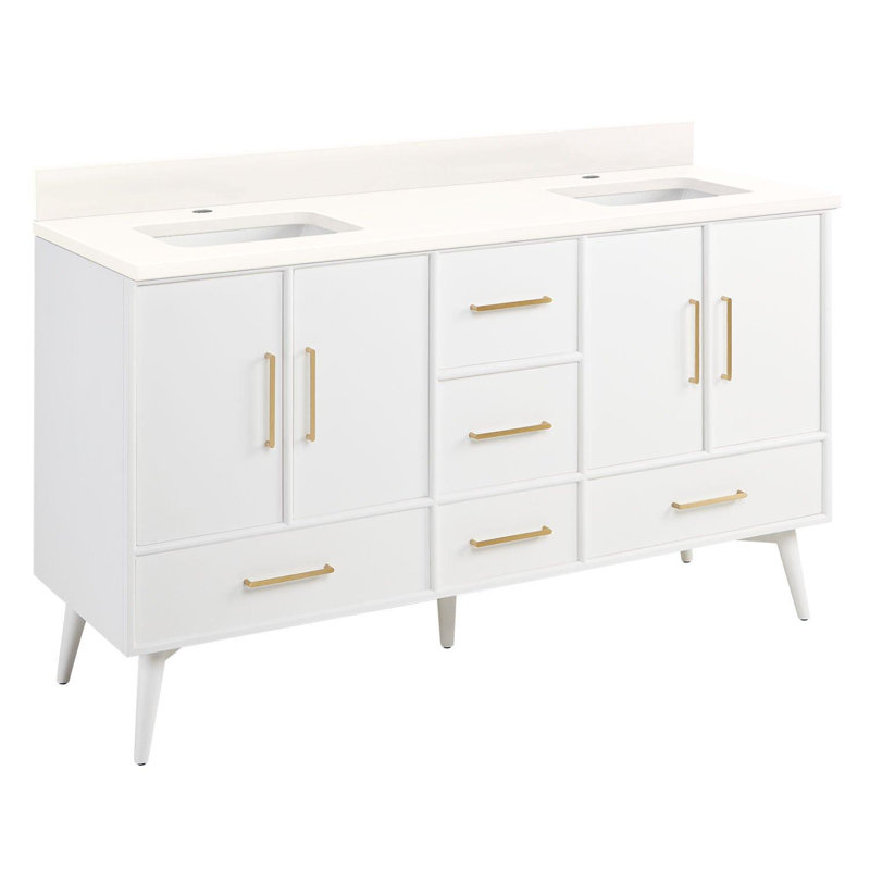 60" Novak Double Bathroom Vanity Set with Rectangular Undermount Sinks, White, Single-Hole, Arctic White Quartz