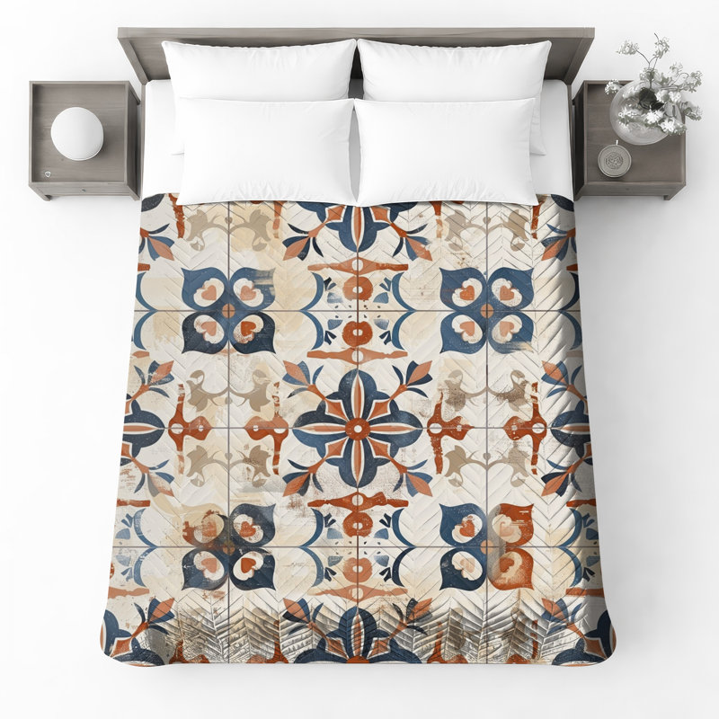 Ornate Floral Tile Bedding Floral Bedspread Decor, Queen