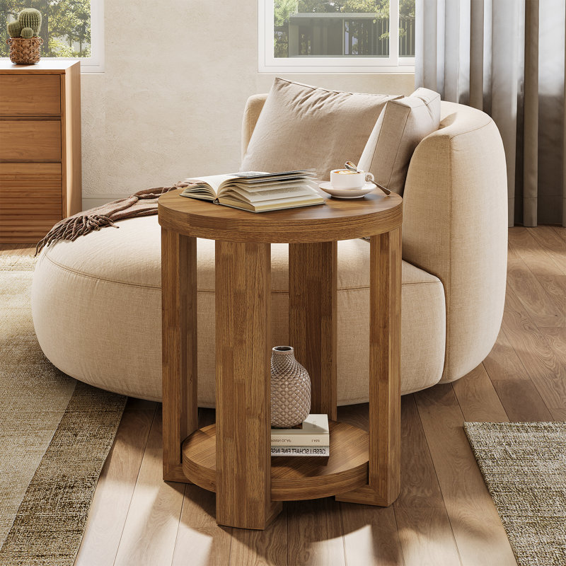 Table d'appoint ronde à 2 niveaux, table de bout pour le salon, Walnut