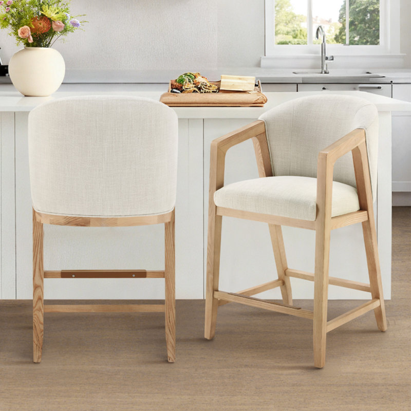 Tabourets de comptoir rembourrés Dodson Daina (ensemble de 2), Siège en lin Effie / structure beige