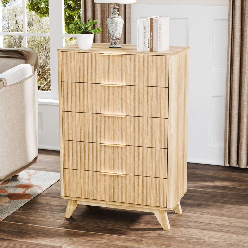 Oak Color 5-Drawer Storage Cabinet Gridded And Lattice Drawers