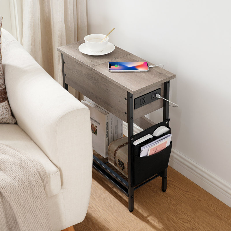 Table de bout étroite avec station de charge, table d'appoint à plateau rabattable, Gris