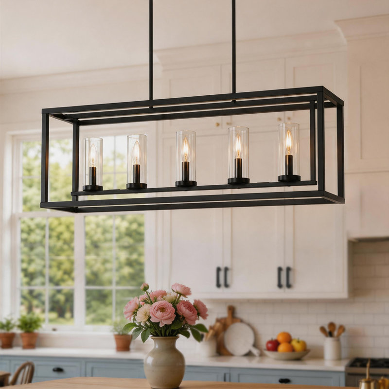 42'' (W) 5 - Light Aluminum Farmhouse Rectangle Kitchen Island Pendant Light Linear Chandelier, Matte Black