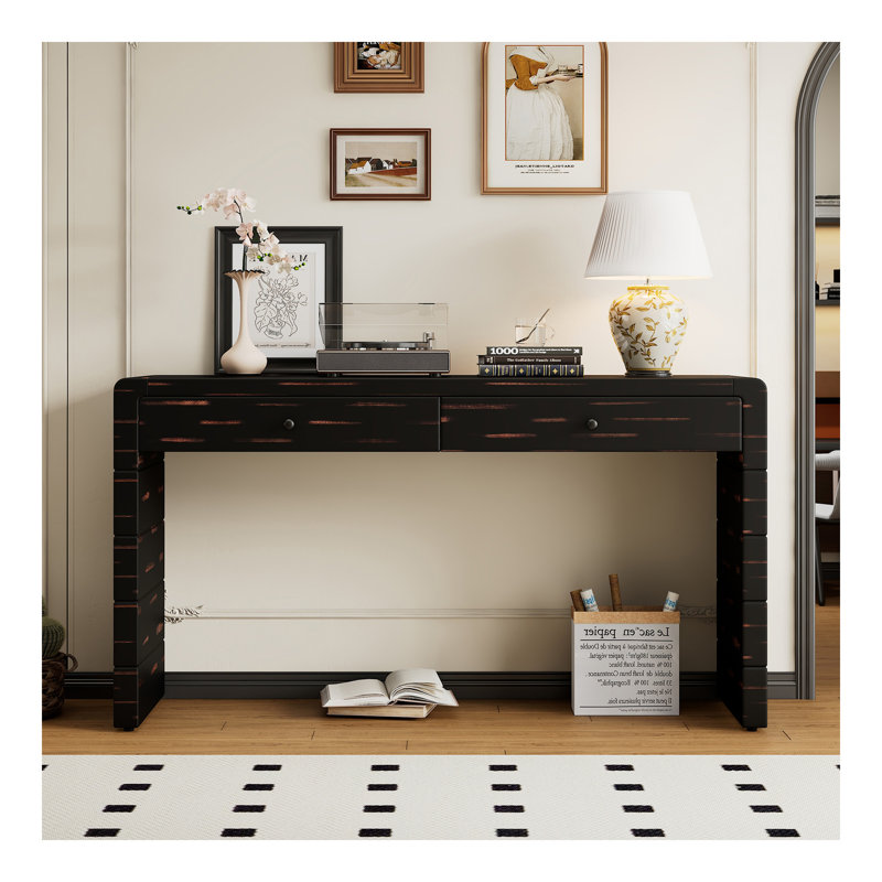 Console courbée avec rangement, table d'entrée en bois avec 2 tiroirs, console rustique de style campagnard pour entrée, couloir, salon, noir vieilli