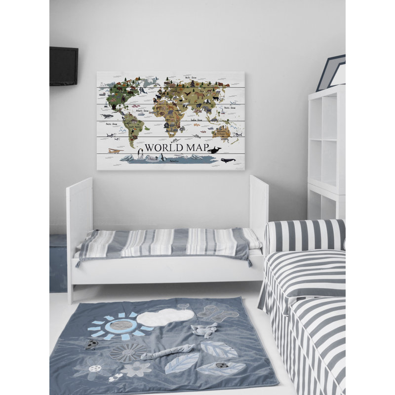 «Carte du monde des animaux», reproduction sur bois blanc, H 20 po x l 30 po x P 1,5 po