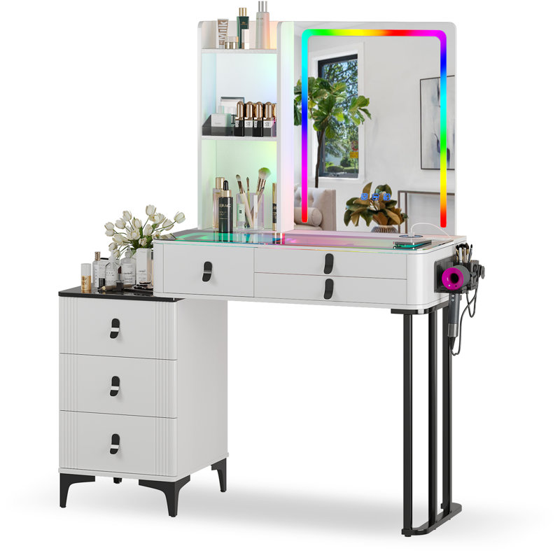 Vanity Set with Human Sensor RGB Lights, Glass Top and Quick-Charging Station, White