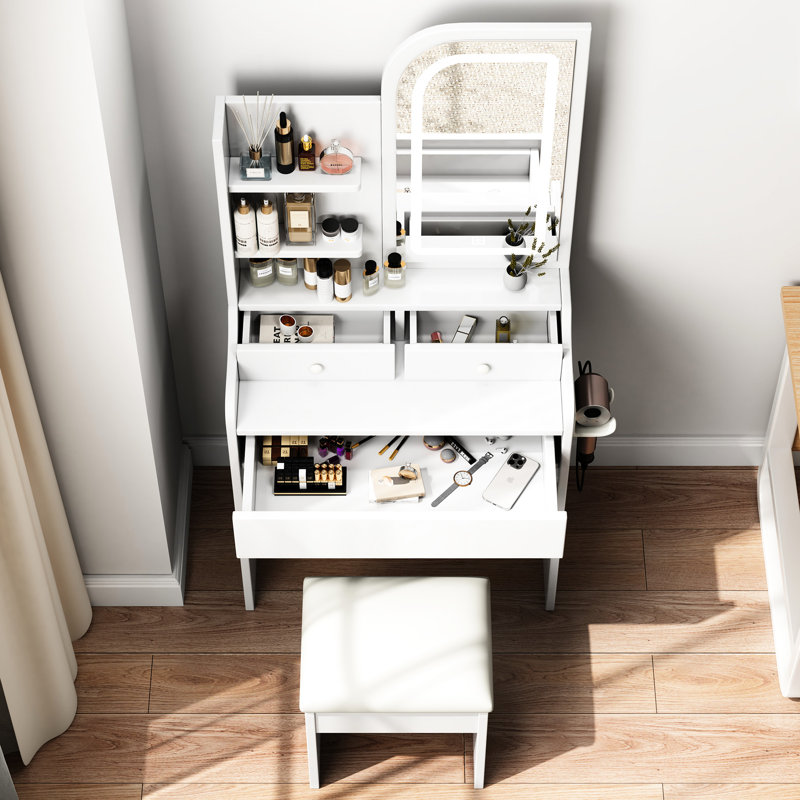 Fashionable Vanity Desk With Mirror & Lights - 3 Color Lighting Modifications Offered, Drawers, White, , Large Mirror, Multiple Storage Possibilities Modes, Build