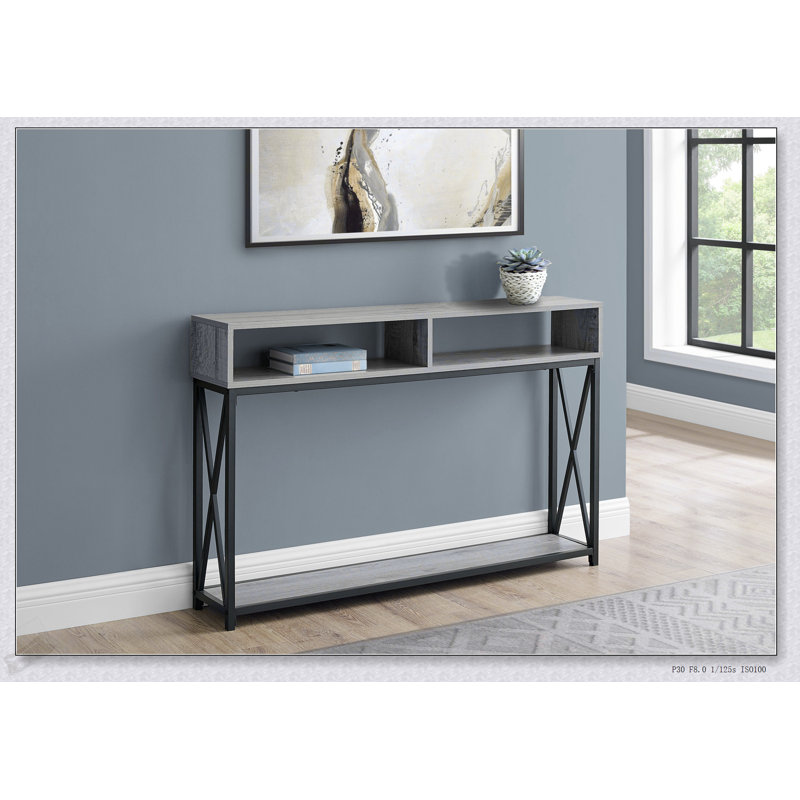 Console moderne étroite avec structure en métal et plateau en stratifié brun, parfaite pour les entrées et les côtés des canapés