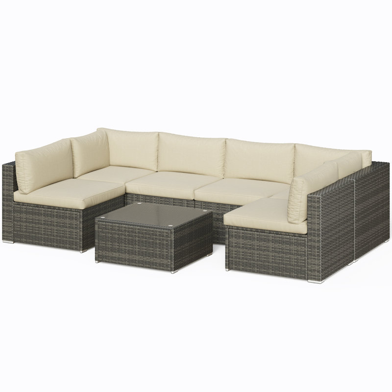 Wicker 6 - Person Modular Patio Conversation Sets with Cushions, Grey Frame/Beige Cushion