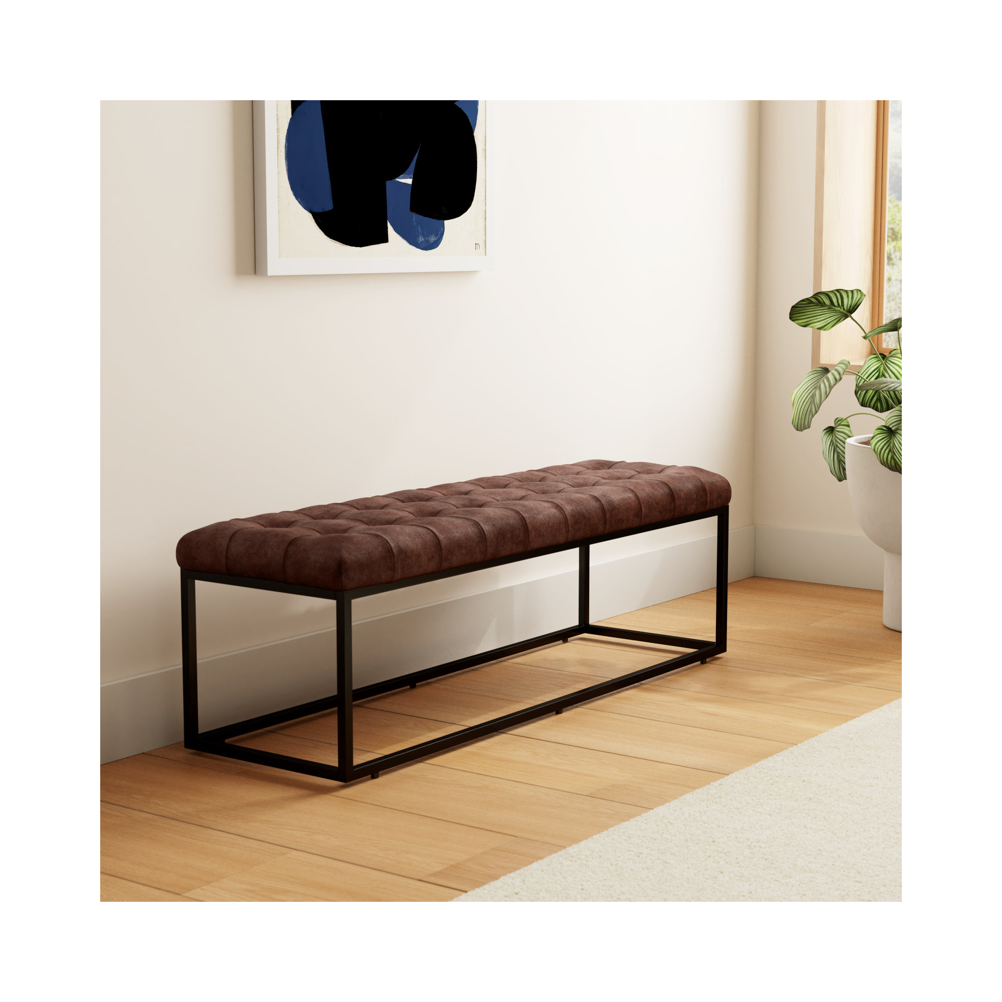 Pearson 50"-55" Genuine Leather Bench, Dark Sienna Top Grain Leather, 17.5" H x 55" W x 17" D