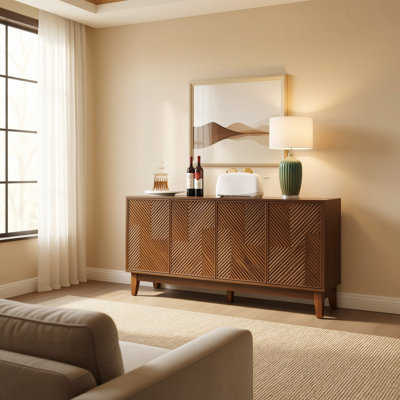 56" Mid Century Modern TV Stand with Carved Geometric Doors – Walnut Wood Media Console for Living Room