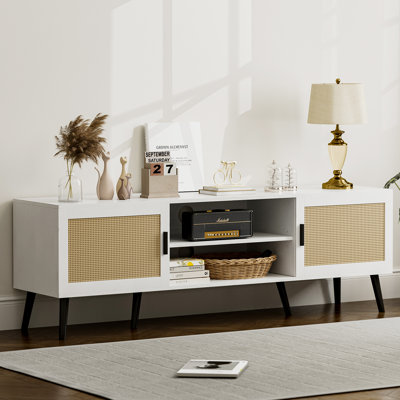 Tv Stand For Tvs Up To 65'', Entertainment Center With Rattan Door, Shelves & 2 Cabinets, Boho Media Tv Console For Living Room, Bedroom