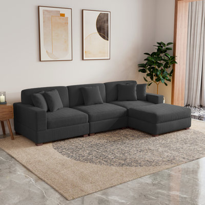 4 - Piece Upholstered Gray Corduroy Modular Sectional Sofa with Pillow Back and Removable Ottoman
