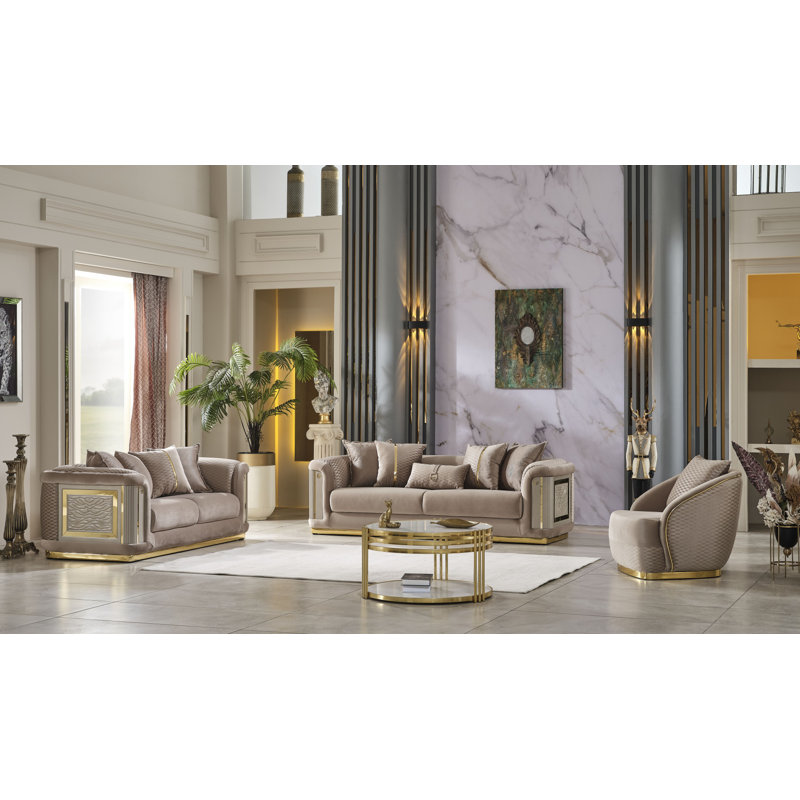 Ensemble de salon en velours 3 pièces Eudes, Velours beige
