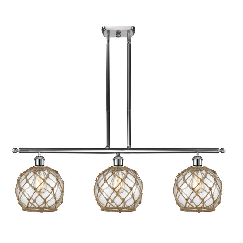 Luminaire suspendu linéaire à 3 lumières pour îlot de cuisine Hildebrandt Farmhouse, Transparent avec corde brune