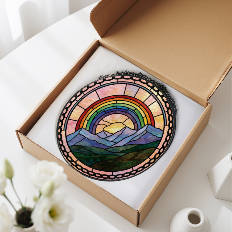 7.8"H Rainbow Mountains Stained Glass Window Panel, 7.8" H x 7.8" W 