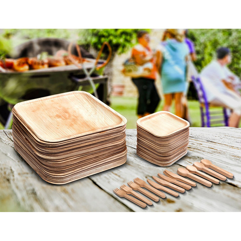 Ensemble de fournitures de fête jetables en feuille de palmier et en bois de bouleau pour 75 invités
