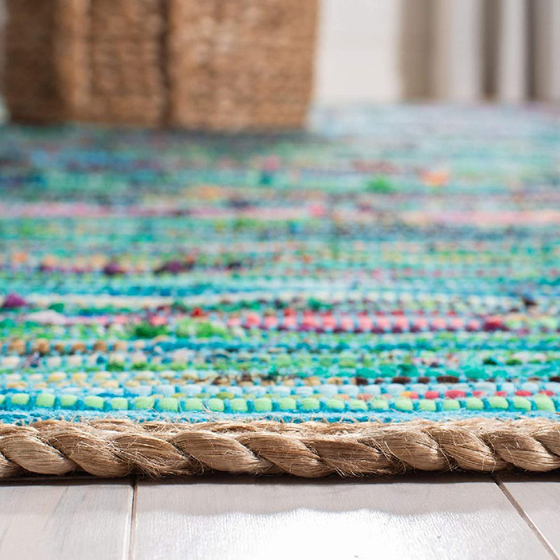 Tapis intérieur / extérieur en coton abstrait tressé à la main bleu / vert / rose, Rectangle 8 pi x 10 pi