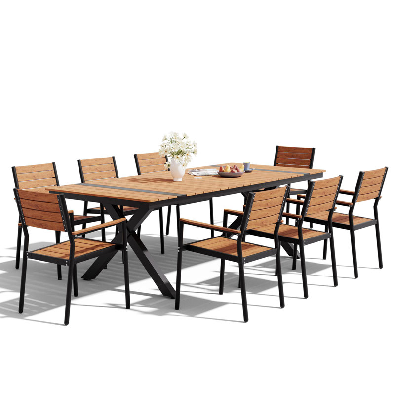 8 - Person Outdoor Patio Dining Set With Umbrella Hole And Armed Chairs, Brown