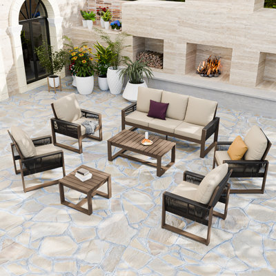 8-Piece Outdoor Patio Cedar Wood Brown Round Wicker Sofa Seating Group with Olefin Thick Cushions, Slat Coffee Tables