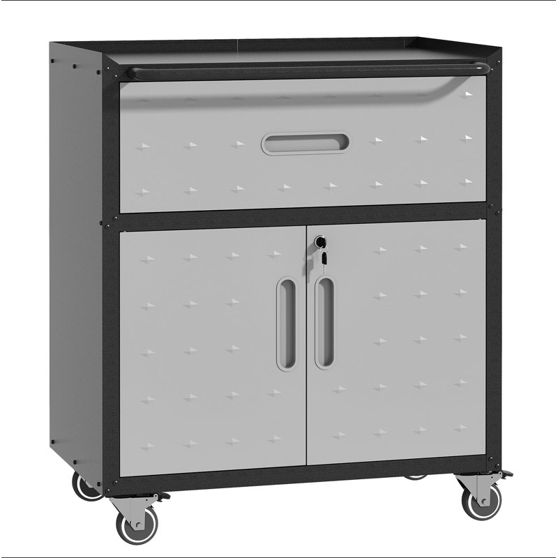 Armoire à outils en métal robuste et durable pour le garage avec roues - Armoire de rangement mobile robuste avec 1 tiroir et 2 portes verrouillables, armoire de rangement pour outils roulants