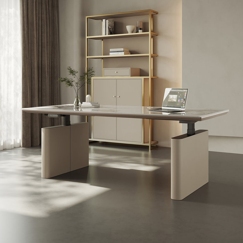 Bureau debout électrique de luxe moderne avec plateau en pierre frittée, options de pieds en cuir bicolore, Taupe clair