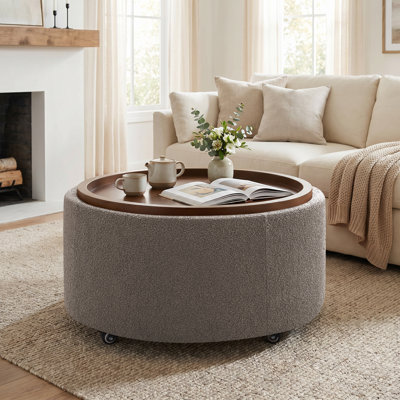Caysey 30.1" W Upholstered Swivel Round Storage Ottoman with Wooden Tray