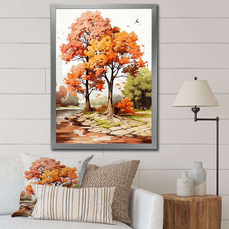 " Two Orange Trees In Autum Watervolor ", 44" H x 34" W x 1.5" D, Silver Single Picture Framed