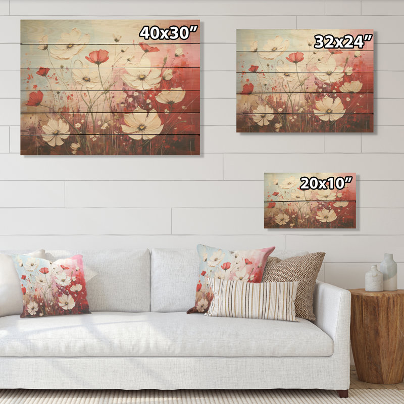Pétales de cramoisi blancs et rouges dévoilés - Art mural en bois sur bois de pin naturel, H 10 po x l 20 po