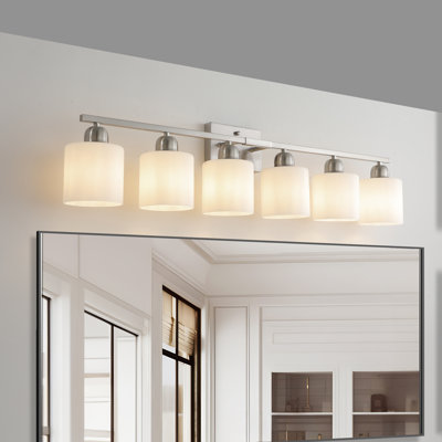 Éclairage pour meuble-lavabo 38 po, 6 lumières en nickel pour salle de bain, applique murale avec abat-jour en verre blanc laiteux, appliques murales pour salle de bain rétro pour salle de bain avec miroir