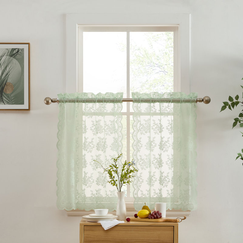 Stefani Floral Rod Pocket Lace Semi Sheer Voile Short Cafe Tiers for Small Windows - Set of 2, 36" L x 28" W, Seafoam Green
