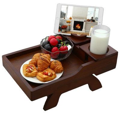 Couch Cup Holder Tray,Couch Armrest Table With 360°Rotated Phone Holder, Non-Slip Clip On Side Table For Drinks Remote Snacks(Walnut)