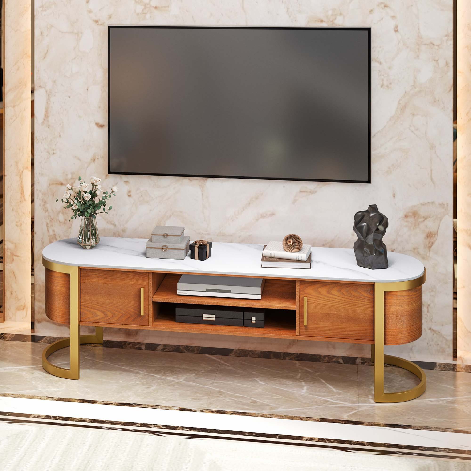 Everly Quinn Straun Modern Luxury TV Stand with Open Shelves Sintered Stone Top TV for