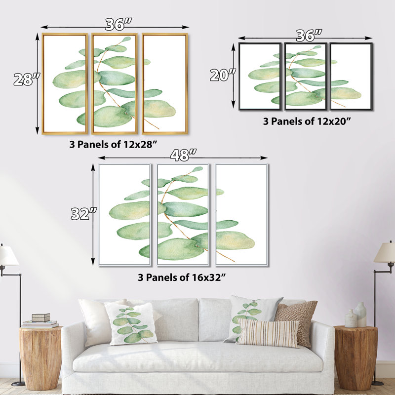«Eucalyptus Branch on White III», reproduction de cadre flottant sur toile 3 pièces, H 28 po x l 36 po x P 1 po, Or