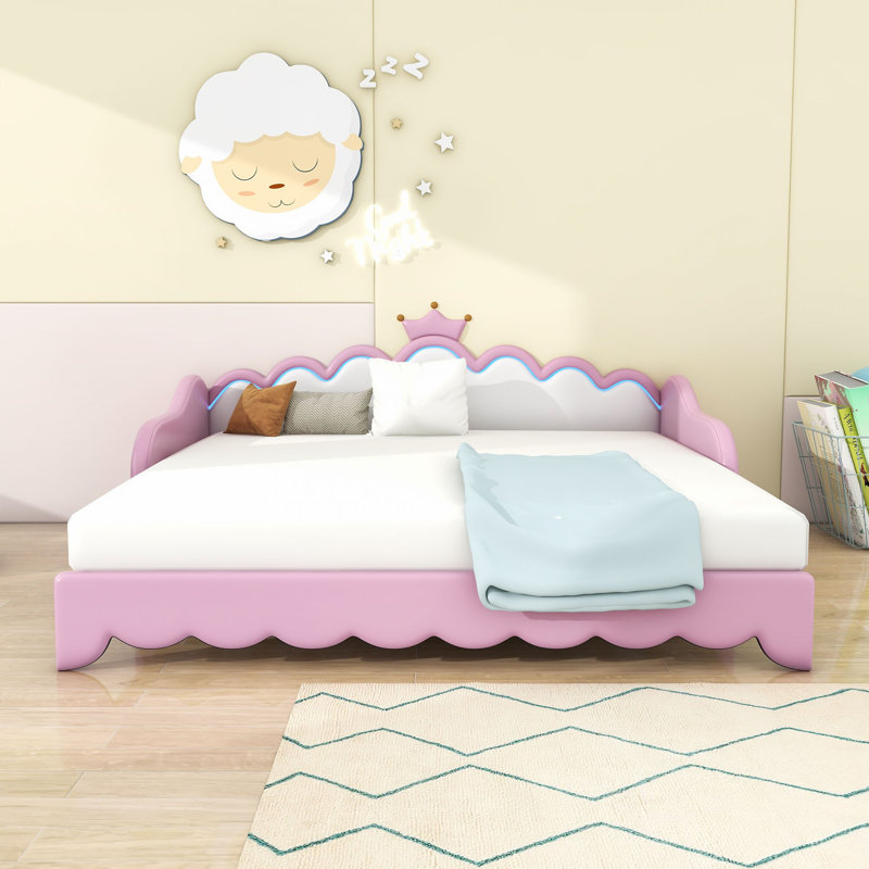 Twin Upholstered Princess Daybed with Crown Headboard and LED Lights, Pink, Twin