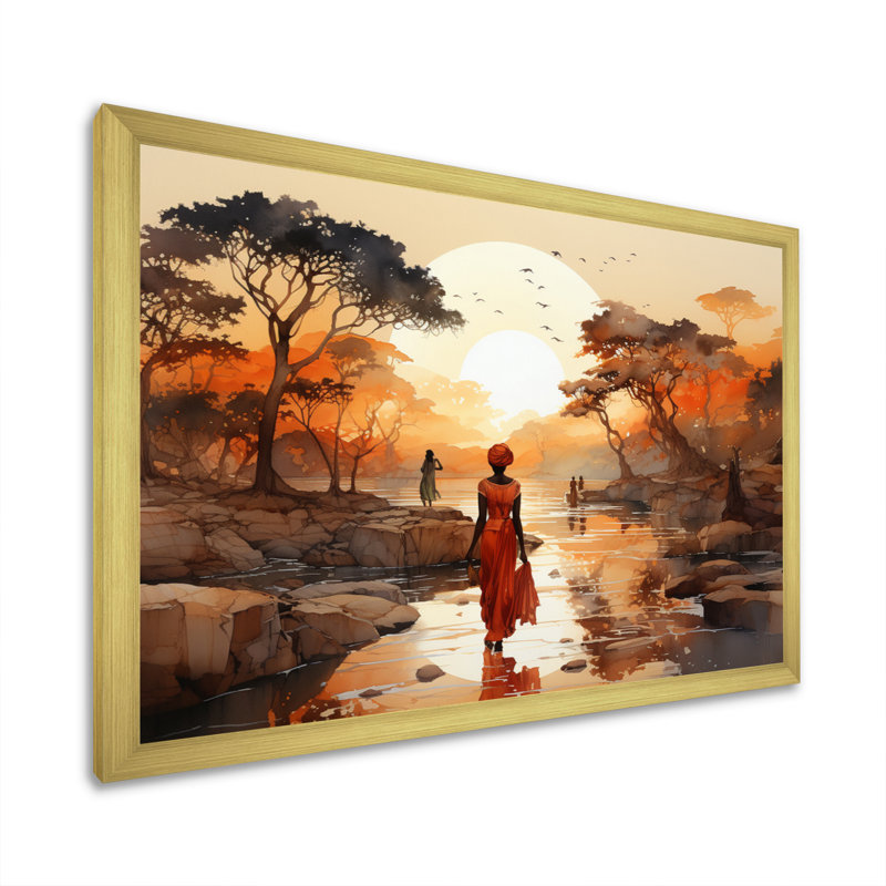 «African Journey Landscape», reproduction d'art sur toile, art africain, H 34 po x l 44 po, Cadre photo unique, Doré