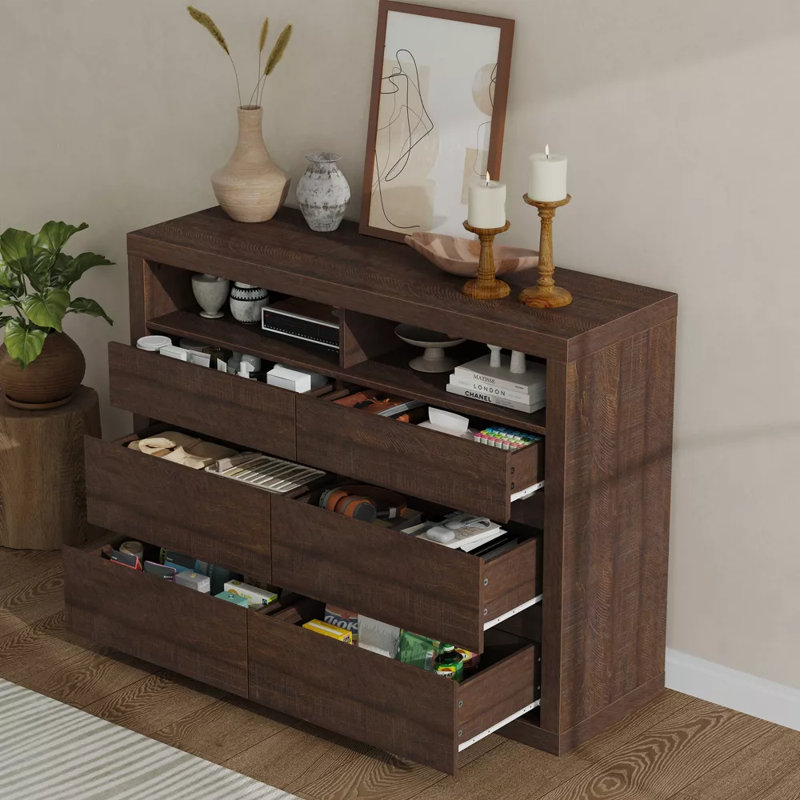 Commode 6 tiroirs en bois moderne avec 2 tablettes ouvertes, commode de rangement sans poignée de 47 po de largeur pour la chambre à coucher