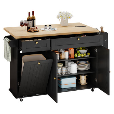 Jamera 60.2"W Kitchen Island with Two Large Storage Cabinets And Drawers, Locking Wheels