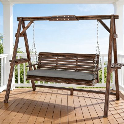 Outdoor Conversation Swing Chair - Wooden Garden With Ergonomic , Padded Cushion, Side Trays, And Adjustable Hanging System. Fir Wood Frame Is . 726 Lbs Weight Capacity Piece Seating, Removable