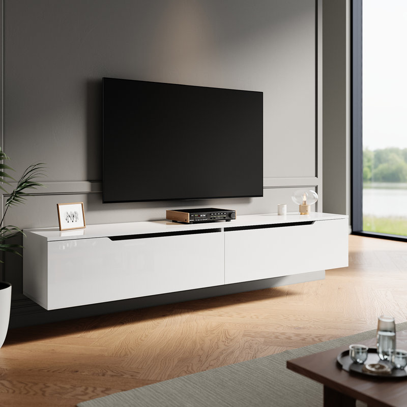 Floating TV Cabinet with RGB LED Light, Wall Mounted TV Stand, Soft Close Flip Doors Cable Hole, 30cm H x 180cm W x 35cm D